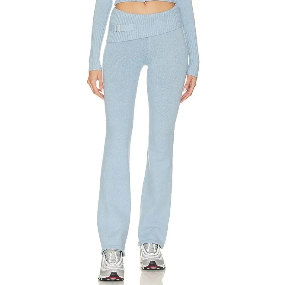 Frankies Bikinis Knit Pants Women‎ L Blue Ribbed Foldover Waist Y2K Loungewear